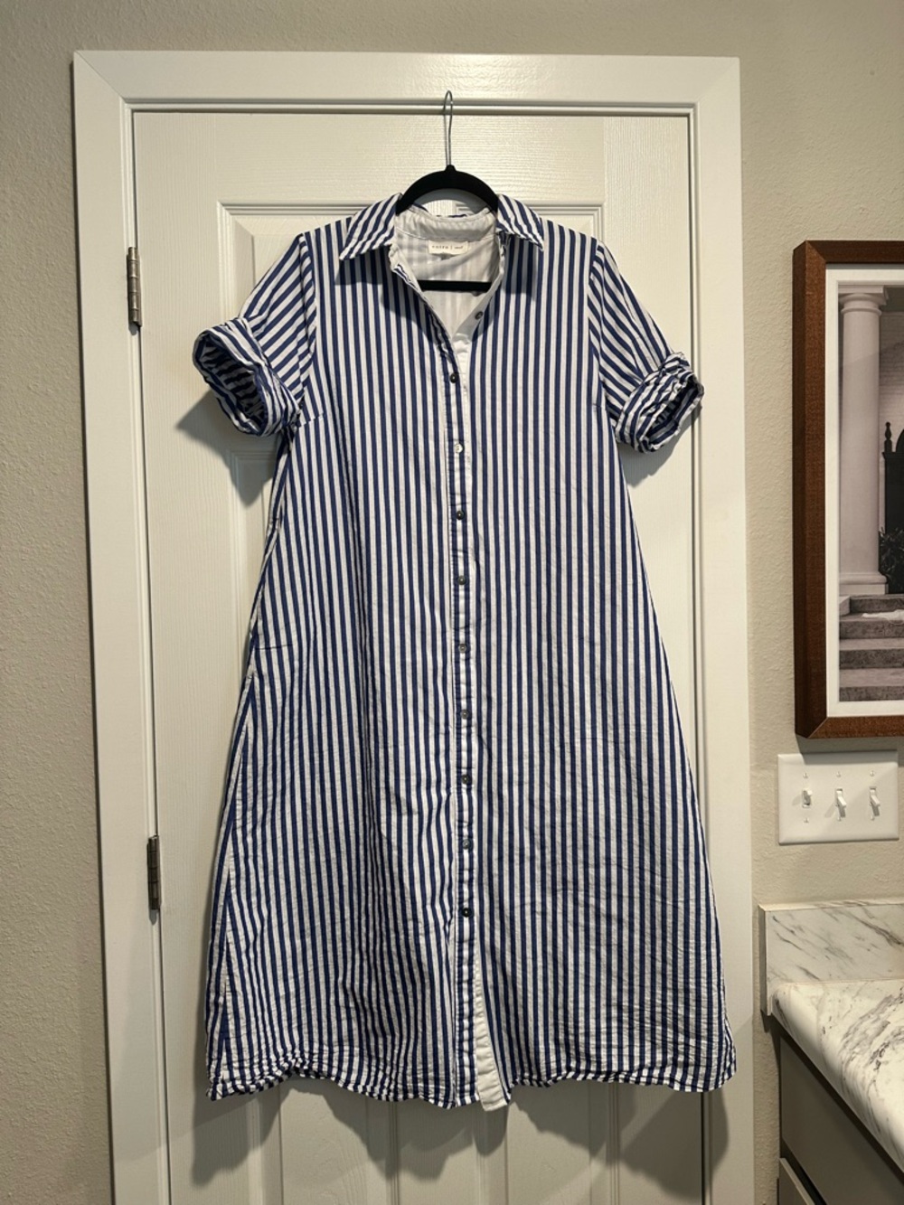 Entro Midi Blue and White Striped Button-Front Women’s Shirt Dress